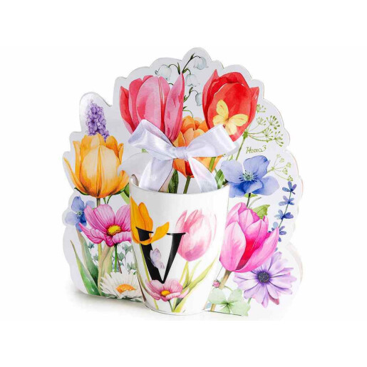 Cana portelan multicolor in cutie cadou litera V Ø 8 cm x 10,5 H, 300 ml