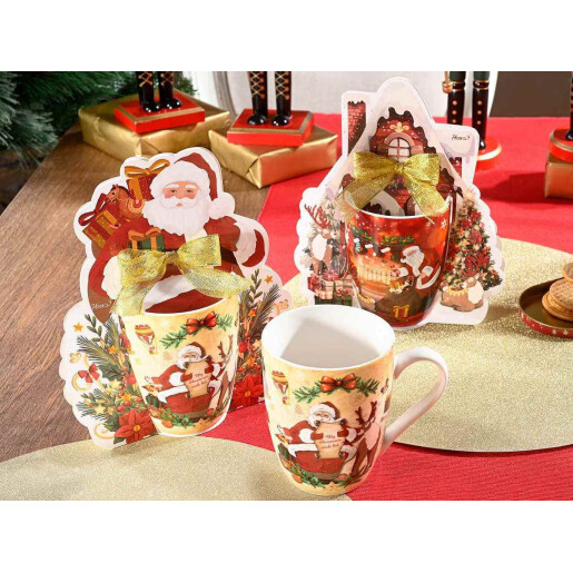 Set 6 cani Mos Craciun portelan multicolor 8x10.5 cm, 350 ml