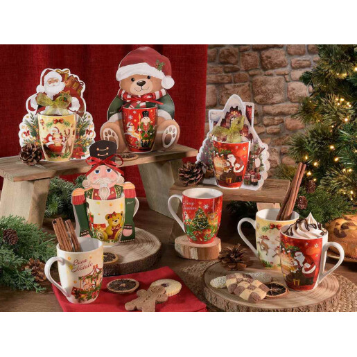 Set 4 cani Craciun portelan multicolor Ø 8 cm x 10,5 H, 300 ml