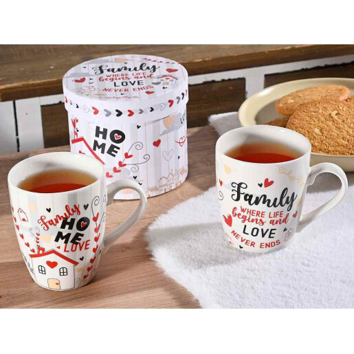 Set 2 cani portelan in cutie cadou Family Home 8.5x10.5 cm, 350 ml