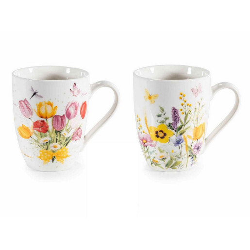 Set 2 cani portelan multicolor in cutii cadou metal Flowers Ø 8 cm x 10,5 H, 300 ml