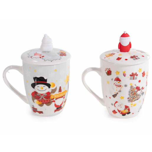 Set 4 cani, 4 infuzoare ceai, 4 farfurioare Craciun portelan multicolor Ø 8,5 cm x 10,5 H, 350 ml