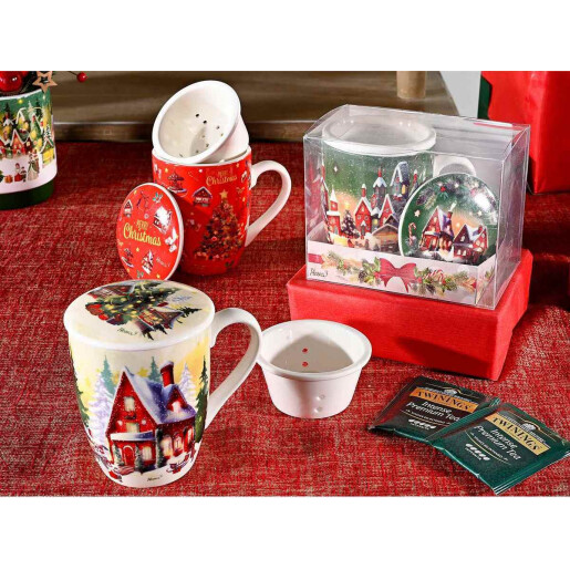 Set 3 cani cu infuzor Craciun portelan multicolor 8x11.5 cm, 300 ml