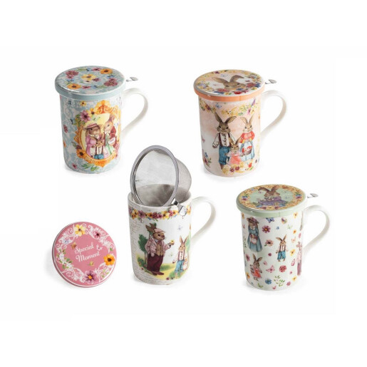 Set 4 cani Paste cu infuzor portelan multicolor Ø 8 cm x 10,5 H, 350 ml