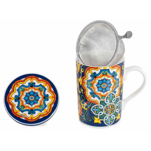 Set 4 cani portelan cu infuzoare ceai in cutii cadou Majolica Ø 8 x 10,5 H, 350 ml