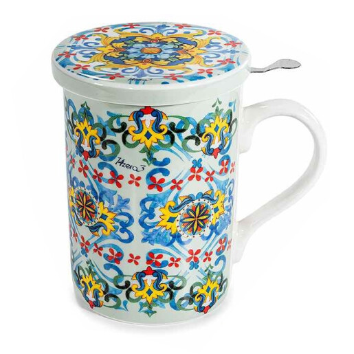 Set 4 cani portelan cu infuzoare ceai in cutii cadou Majolica Ø 8 x 10,5 H, 350 ml