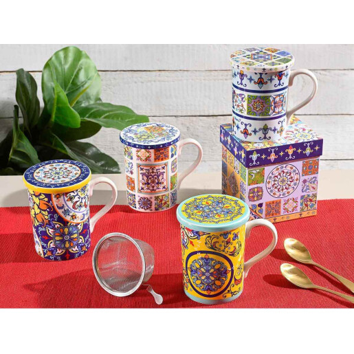 Set 4 cani portelan, 4 infuzoare ceai  8x10.5 cm, 350 ml