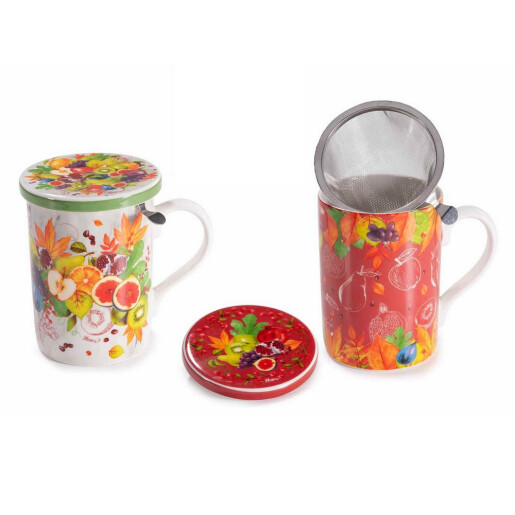 Set 2 cani portelan multicolor cu capace, 2 infuzoare ceai in cutii cadou Fruits Ø 8 x 10,5 H, 350 ml