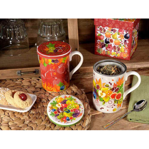 Cana portelan multicolor cu capac, infuzor ceai in cutie cadou Fruits Ø 8 x 10,5 H, 350 ml
