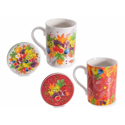Set 2 cani portelan multicolor cu capace, 2 infuzoare ceai in cutii cadou Fruits Ø 8 x 10,5 H, 350 ml