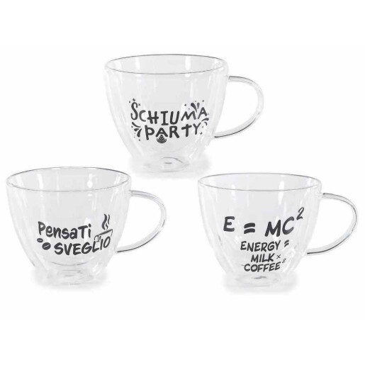 Set 3 cesti sticla fund dublu neagra transparenta Ø 11 cm x 9 H, 300 ml
