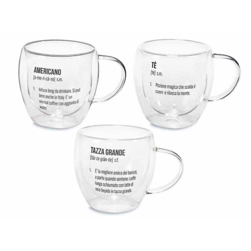 Set 3 cani sticla dubla neagra transparenta Ø 9,5 cm x 9 H, 200 ml
