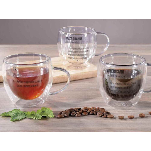 Set 3 cani sticla dubla neagra transparenta Ø 9,5 cm x 9 H, 200 ml