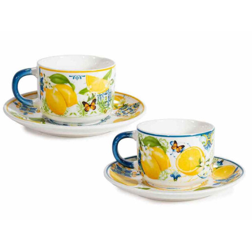 Set 2 cesti cu 2 farfurioare portelan in cutii cadou Lamai Ø 8 cm x 6 H, 250 ml