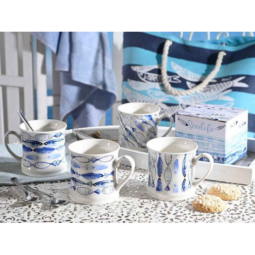  Cana portelan, cutie cadou alb albastru Fish 8.5x8.5 cm, 280 ml