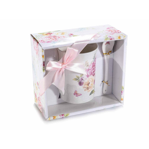 Cana portelan cu lingurita si cutie cadou model Floral Ø 8 cm x 11 H 300 ml