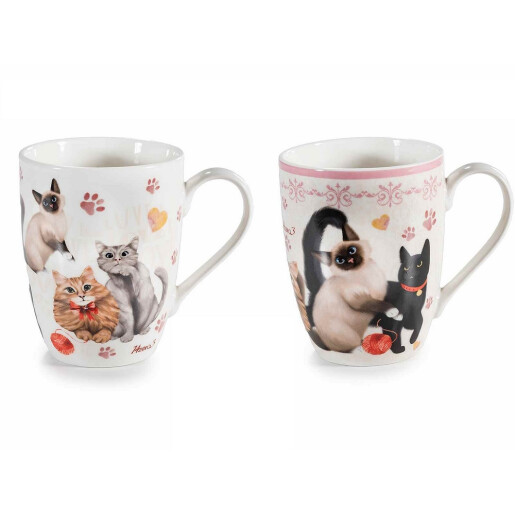 Set 2 cani portelan in cutii cadou metal Pisicuta Ø 8 cm x 10,5 H, 300 ml
