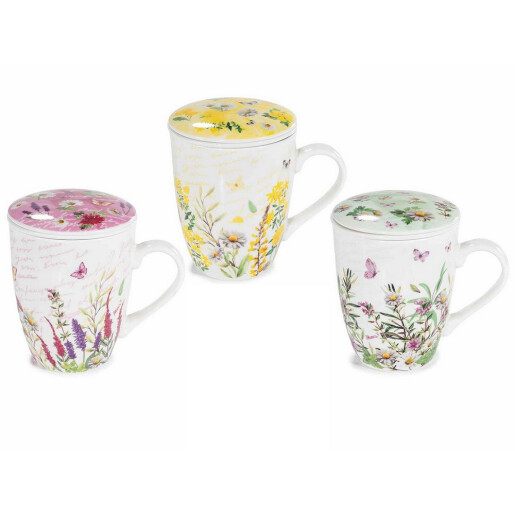 Set 3 cani portelan cu infuzoare ceai in cutii cadou Flowers Ø 8,5 cm x 11 H, 300 ml