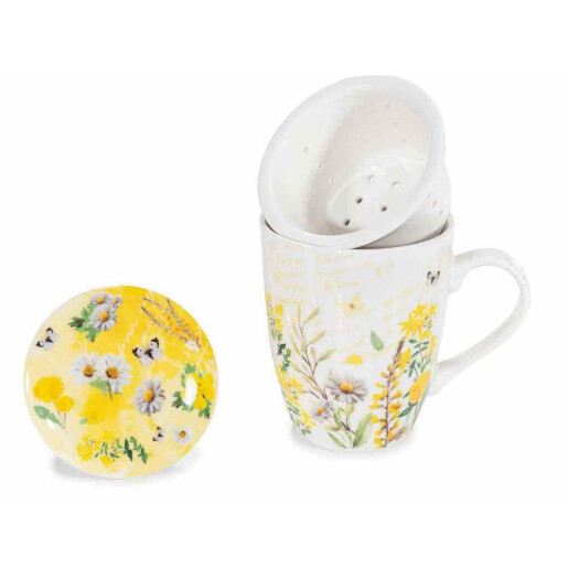 Set 3 cani portelan cu infuzoare ceai in cutii cadou Flowers Ø 8,5 cm x 11 H, 300 ml