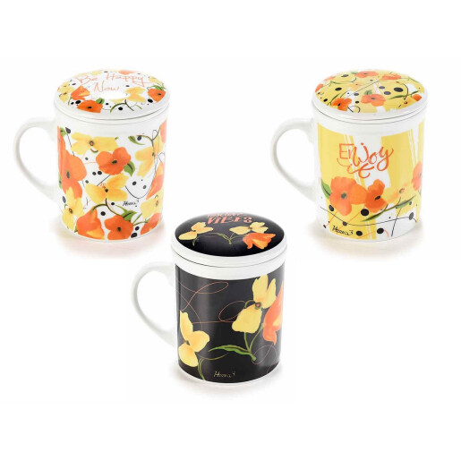 Set 3 cani portelan cu infuzoare 8x10.5 cm, 290 ml