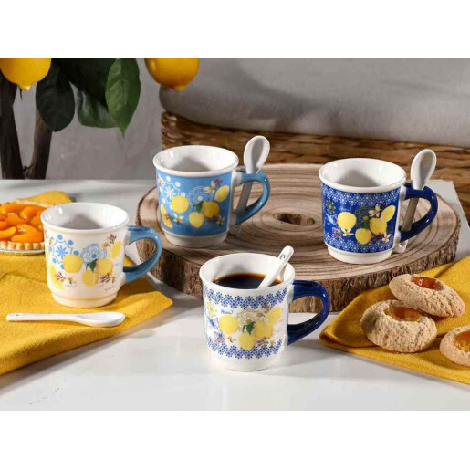 Set cana cu lingurita portelan multicolor Lamai 6x6 cm, 90 ml