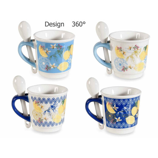 Set 4 cani, 4 lingurite portelan multicolor 6x6 cm, 90 ml