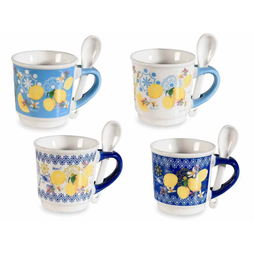 Set 4 cani, 4 lingurite portelan multicolor 6x6 cm, 90 ml