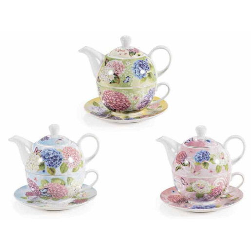 Set 3 ceainice cu 3 cesti portelan multicolor Hortensii 16 x 10.5 x 14 H, Ø 10,5 x 5,5 H, 350ml, 200 ml