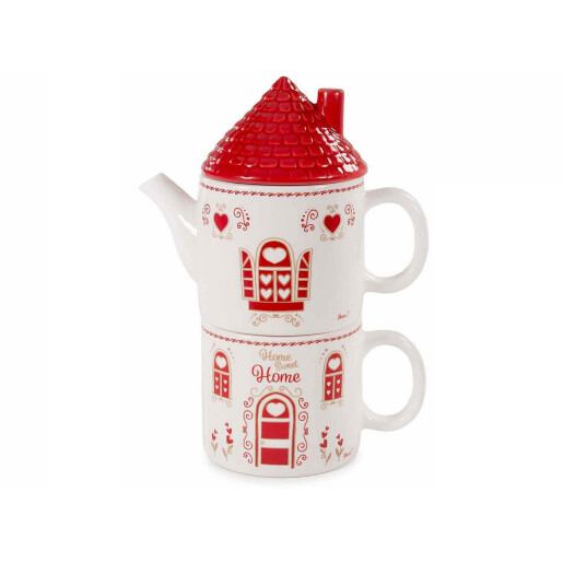 Set 2 ceainice 2 cani ceramica alba rosie 18x10x23.5 cm, 450 ml
