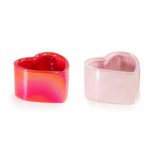 Set 2 vaze flori ceramica rosie, roz irizat Inimioara cm 12 x 11,5 x 7 H