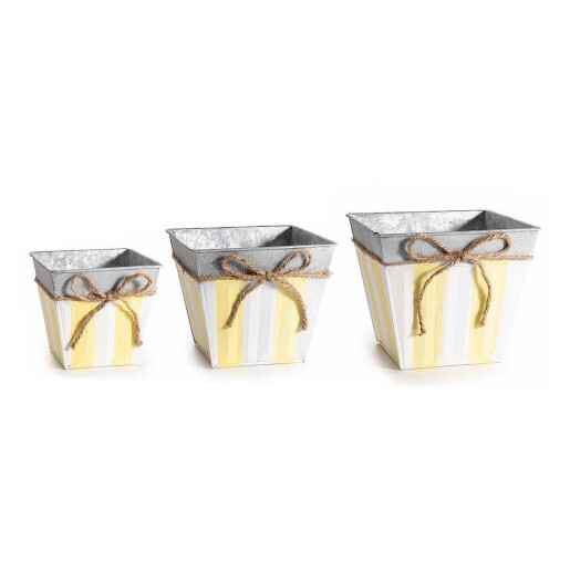 Set 3 ghivece flori metal gri alb galben 15,5x15,5x 13 H, 14 x 14 x 11,5 H, 11 x 11 x 10 H