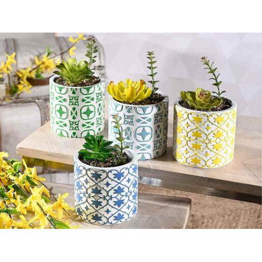 Planta suculenta artificiala in ghiveci ceramica alba verde Ø 11 cm x 19 H