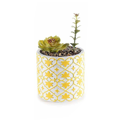 Planta suculenta artificiala in ghiveci ceramica alba galbena Ø 11 cm x 19 H