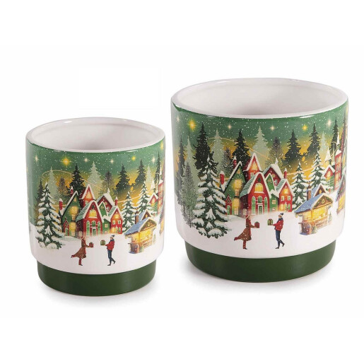 Set 2 vaze flori Craciun ceramica multicolora Ø 10,5 x 11 H, Ø 13 x 12,5 H