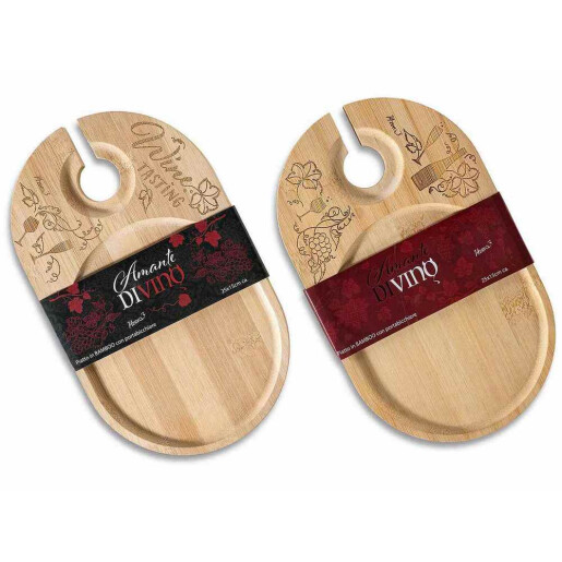 Set 2 platouri aperitive cu suporturi pahare vin, lemn cm 25 x 15 H