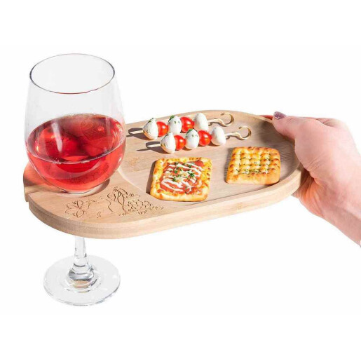 Platou aperitive cu suport pahar vin, lemn cm 25 x 15 H