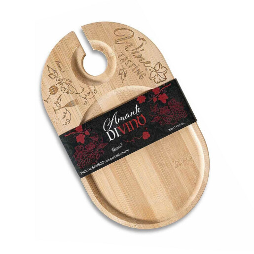 Set 2 platouri aperitive cu suporturi pahare vin, lemn cm 25 x 15 H
