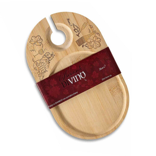 Set 2 platouri aperitive cu suporturi pahare vin, lemn cm 25 x 15 H