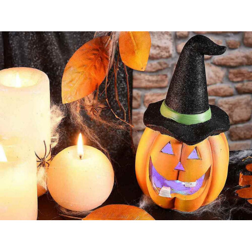 Figurina Halloween Dovleac polirasina textil multicolor cu leduri Ø 11 cm x 20,5 H