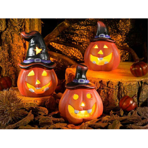 Set 3 dovleci Halloween teracota multicolora cu led Ø 6 cm x 10 H