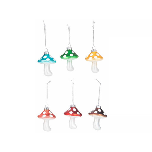 Set 12 ornamente brad Craciun Ciupercute sticla multicolora 5.5x8.5 cm