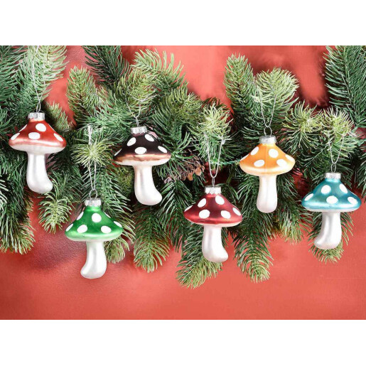 Set 6 ornamente brad Craciun Ciupercute sticla multicolora 5.5x8.5 cm