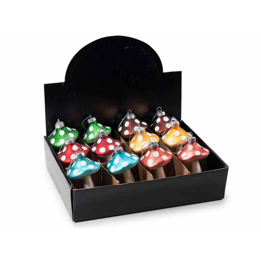 Set 12 ornamente brad Craciun Ciupercute sticla multicolora 5.5x8.5 cm