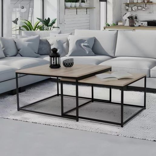 Set 2 masute cafea mdf laminat stejar sonoma metal negru Kastler 75x75x37 cm, 65x65x32 cm