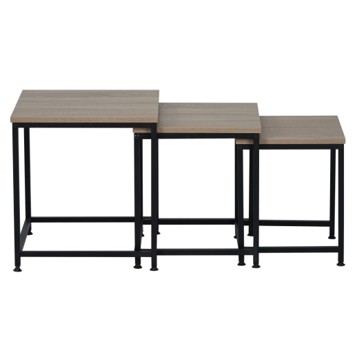 Set 3 masute cafea mdf laminat stejar sonoma metal negru Kastler 40x40x42 cm, 35x35x39 cm, 30x30x36 cm