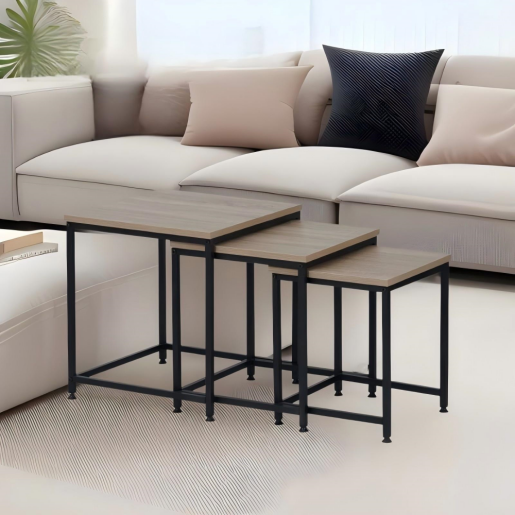 Set 3 masute cafea mdf laminat stejar sonoma metal negru Kastler 40x40x42 cm, 35x35x39 cm, 30x30x36 cm