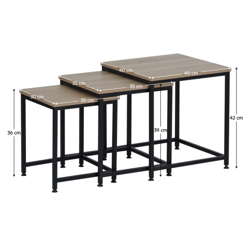 Set 3 masute cafea mdf laminat stejar sonoma metal negru Kastler 40x40x42 cm, 35x35x39 cm, 30x30x36 cm