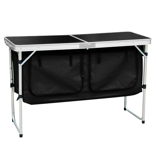 Masa camping pliabila cu spatiu depozitare aluminiu mdf textil negru Kepi 120x47x54 cm