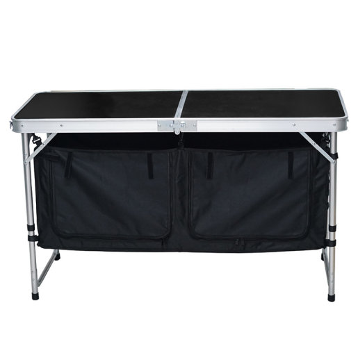 Masa camping pliabila cu spatiu depozitare aluminiu mdf textil negru Kepi 120x47x54 cm