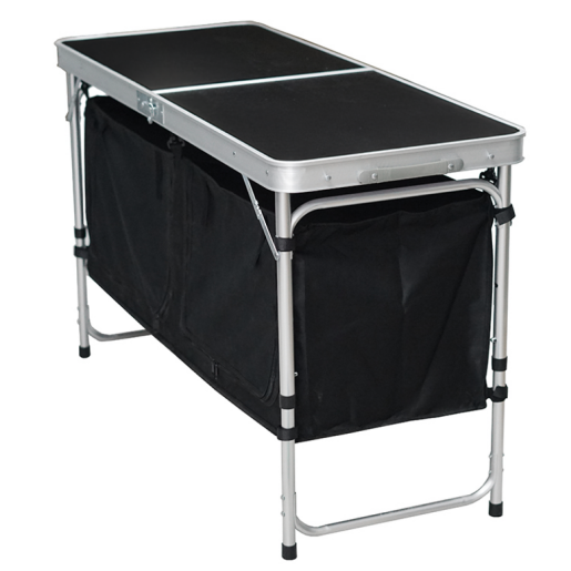 Masa camping pliabila cu spatiu depozitare aluminiu mdf textil negru Kepi 120x47x54 cm